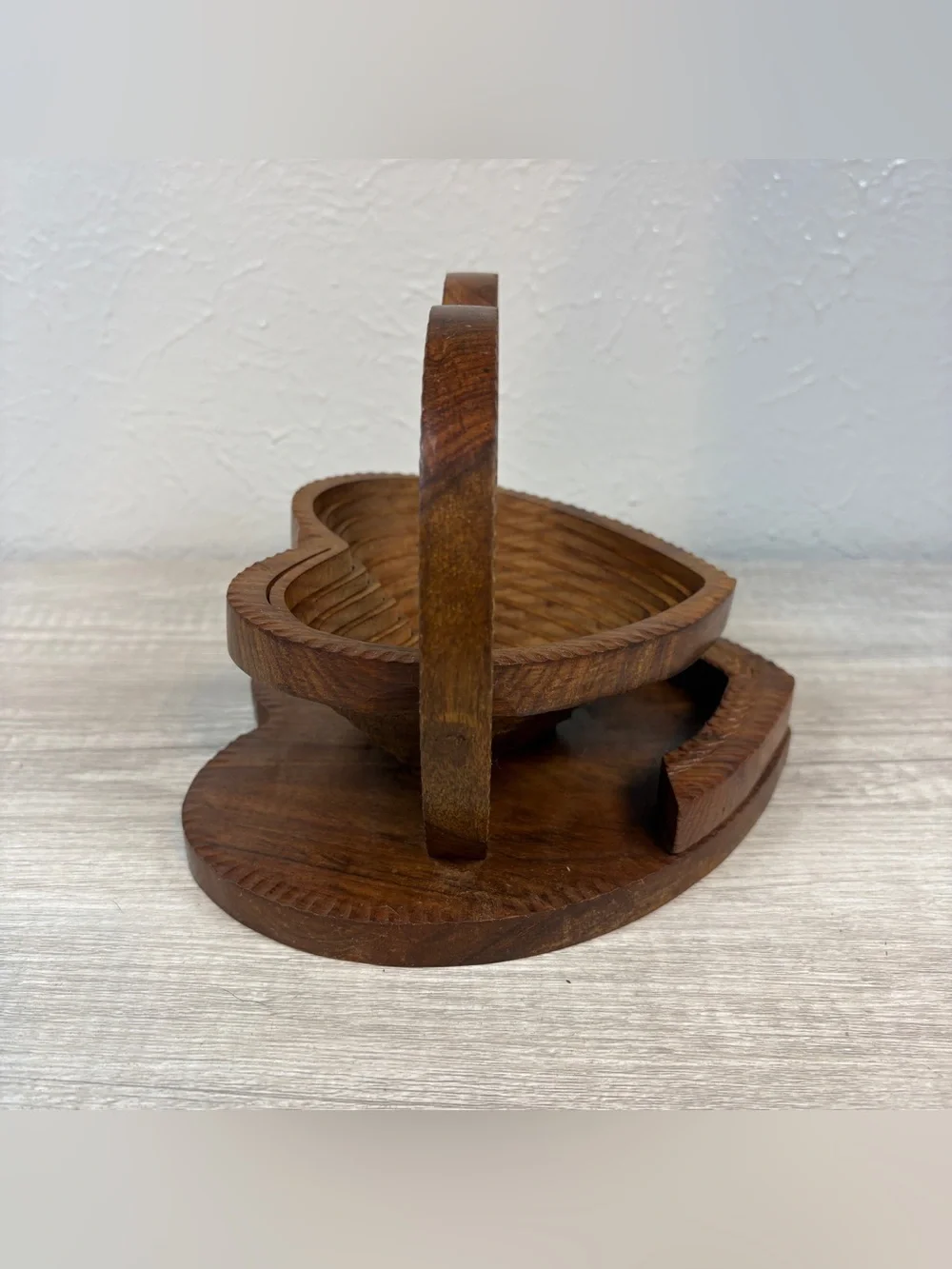 Vintage Hand Carved Heart Shaped Collapsible Wooden Fruit Basket Folding Trivet